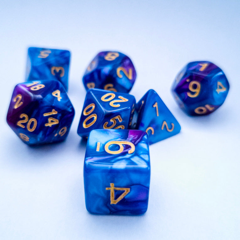 drawlab-rpg-dice-sets-azure-purple-marble-w-rfelset-7-teilig image 1