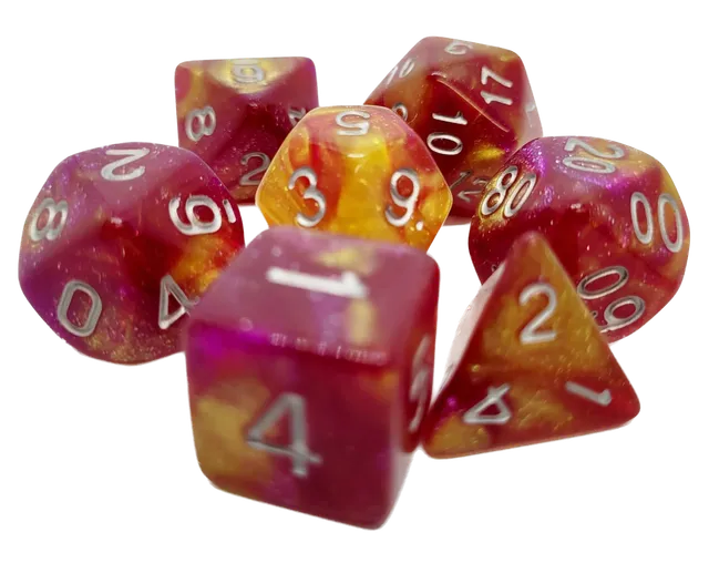 dice4friends-galaxy-w-rfelset-volcano-7-teilig-rot-gelb-borealis image 1
