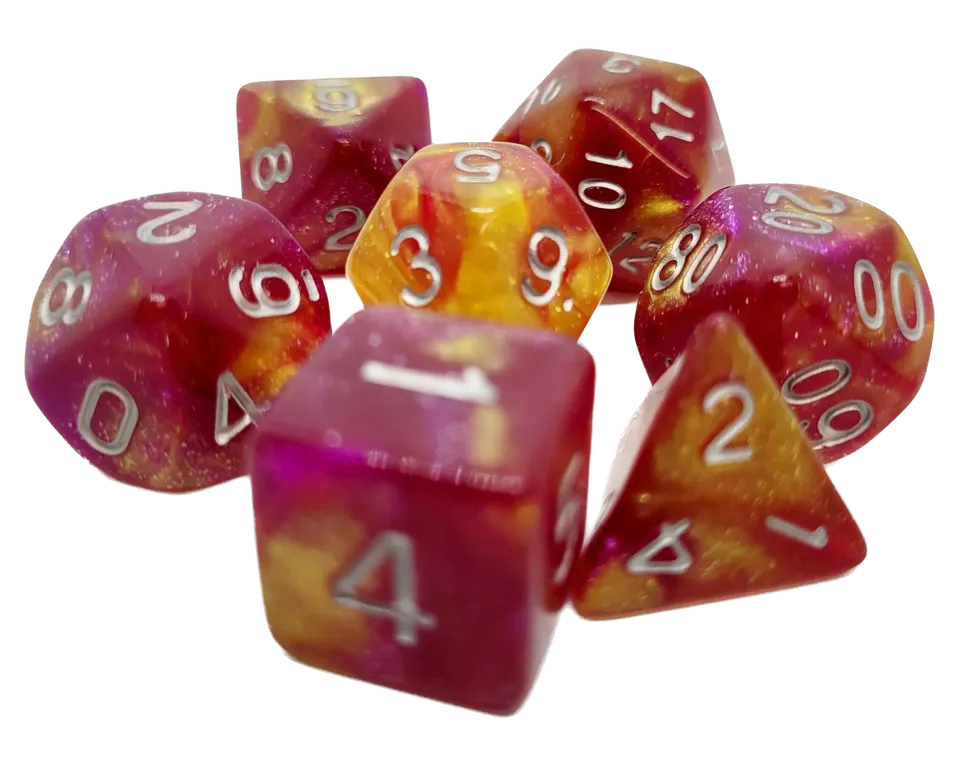 dice4friends-galaxy-w-rfelset-volcano-7-teilig-rot-gelb-borealis image 1