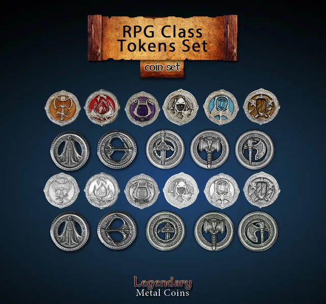 drawlab-legendary-metal-coins-rpg-class-tokens-set-11er image 1