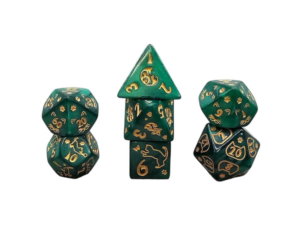 dice4friends-rpg-w-rfelset-cat-green-gold-gr-n-gold-7-tlg image 1