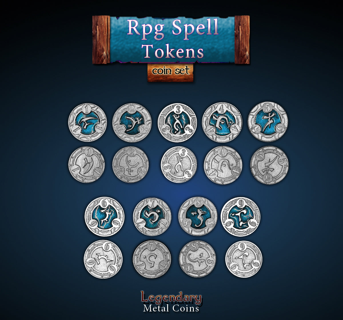 drawlab-legendary-metal-coins-rpg-spell-tokens-blau-22-tokens image 1