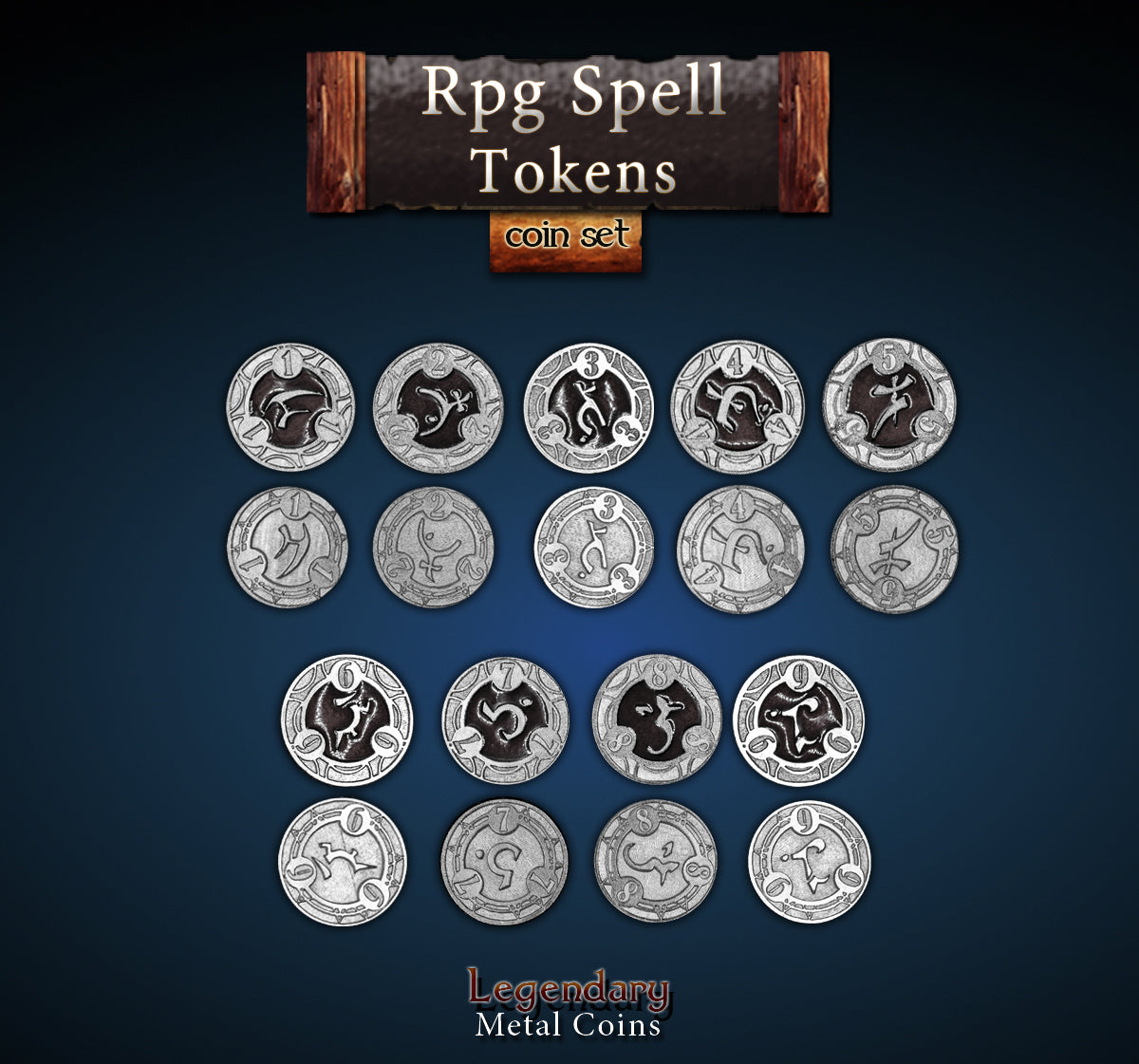 drawlab-legendary-metal-coins-rpg-spell-tokens-black-22er-set image 1