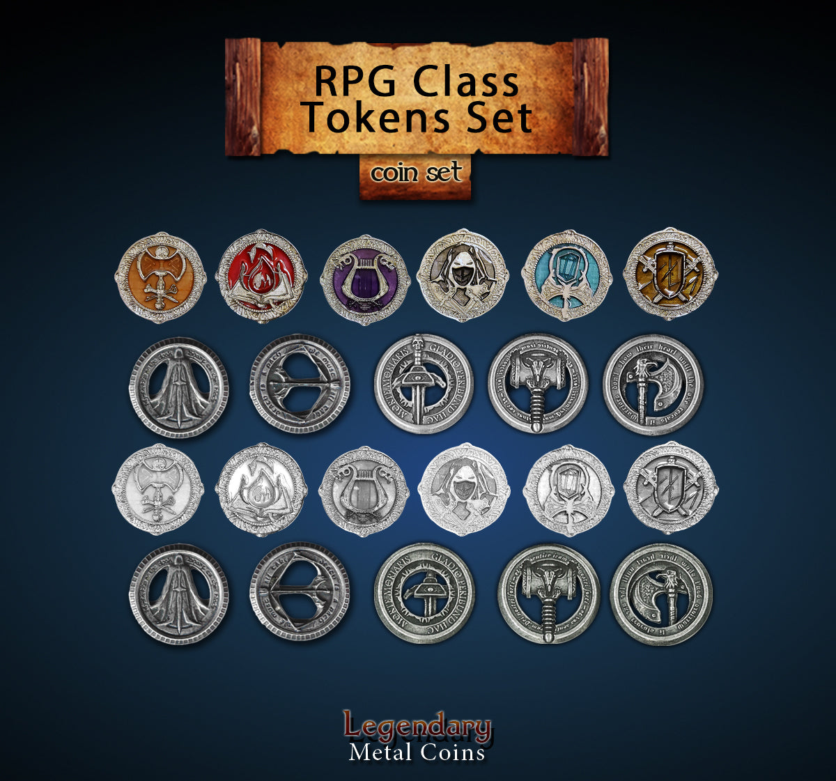 drawlab-legendary-metal-coins-rpg-class-tokens-set-11er image 1