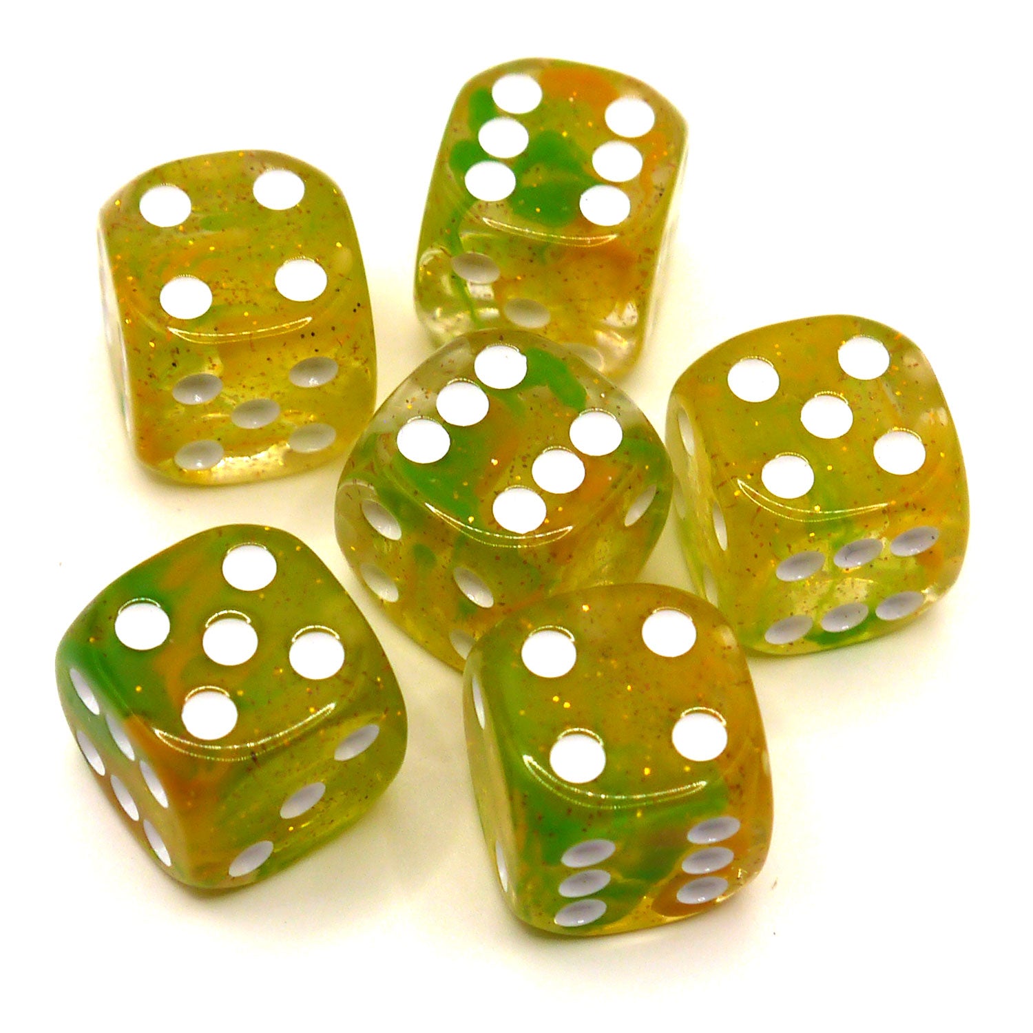 dice4friends-d6-starlights-green-yellow-w-rfelset-6x-16mm image 2