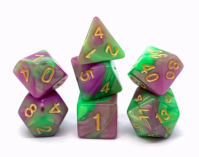 dice4friends-7-teiliges-rpg-w-rfelset-waterlilly-lila-gr-n-gold image 1