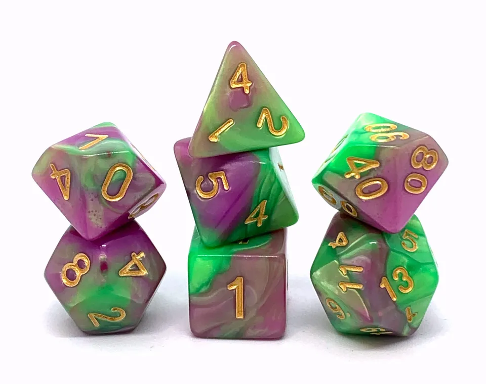 dice4friends-7-teiliges-rpg-w-rfelset-waterlilly-lila-gr-n-gold image 1