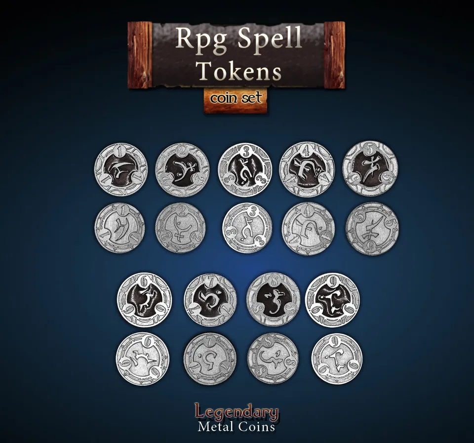 drawlab-legendary-metal-coins-rpg-spell-tokens-black-22er-set image 1